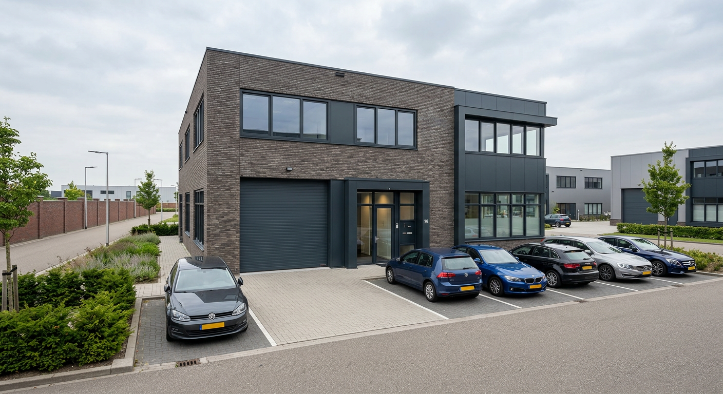 Modern bedrijfspand met roldeur en kantoorentree