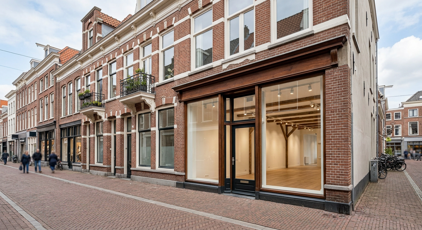 Leegstaand winkelpand met grote etalage in een Haagse winkelstraat